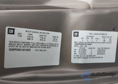 2001 Buick Lesabre Custom from USA, damaged, VIN 1G4HP54K414214020